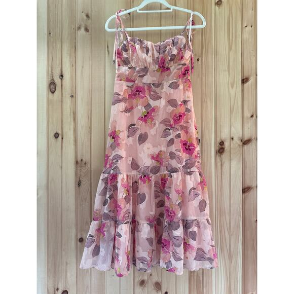 NWT Lulus Tea Party Chic Pink Floral Print Tie-Strap Tiered Midi Dress Size S - Picture 1 of 7